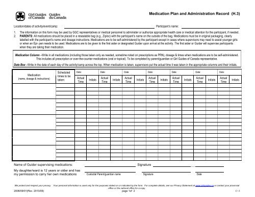 girl guides of canada medication forms